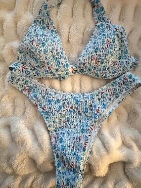 NWOT Amazon Blue and White Floral Smocked Bikini Set